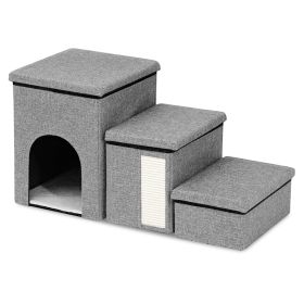 3 Step Pet Stair 4-IN-1 Foldable Dog Ramp Non-Slip Dog Storage Ladder with Scratcher Storage and Pet House for Old Pet Small/Medium Dog 165LBS Max